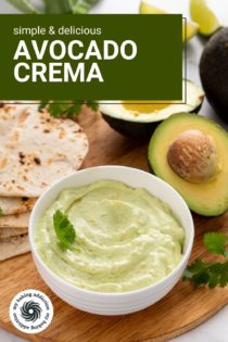 Bowl of avocado crema on a wooden platter with toasted tortillas and a halved avocado. Text overlay includes recipe name.