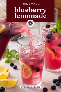 Blueberry lemonade being poured into a glass. Text overlay includes recipe name.