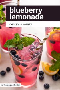 Glasses of blueberry lemonade garnished with mint, blueberries, and lemon slices. Text overlay includes recipe name.