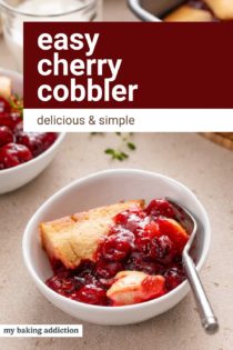 Two white bowls filled with servings of easy cherry cobbler. Text overlay includes recipe name.