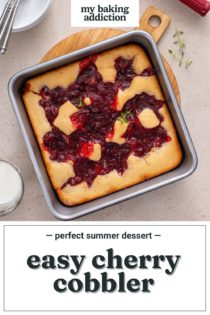 Overhead view of a pan of baked easy cherry cobbler on a wooden trivet. Text overlay includes recipe name.