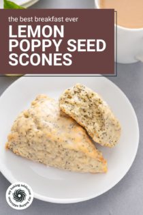 Halved lemon poppy seed scone propped against a whole scone on a white plate. Text overlay includes recipe name.