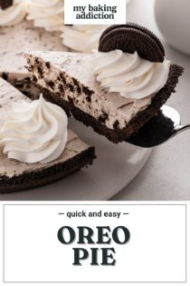 Pie server lifting up a slice of oreo pie from a serving platter. Text overlay includes recipe name.