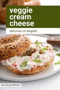 Everything bagel spread with veggie cream cheese on a white plate. Text overlay includes recipe name.