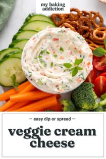 Bowl of veggie cream cheese in the middle of a platter of crudites and pretzel twists. Text overlay includes recipe name.