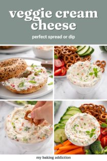 Several images of veggie cream cheese. Text overlay includes recipe name.