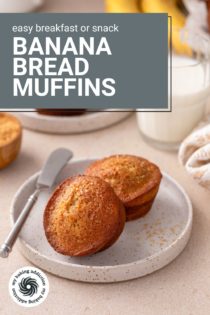 Two banana bread muffins arranged on a plate. Text overlay includes recipe name.