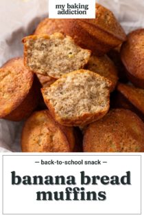 Basket of banana bread muffins with a halved muffin arranged on top. Text overlay includes recipe name.