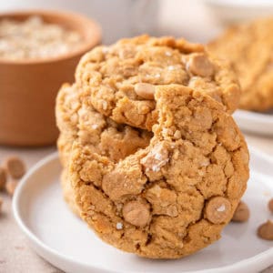 Bite from a peanut butter oatmeal cookie on a white plate.