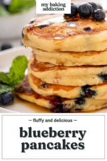Close up of a stack of blueberry pancakes with syrup on them. Text overlay includes recipe name.
