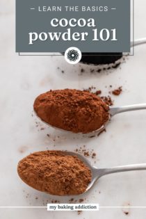 Three spoons, each holding a spoonful of cocoa powder. From the bottom up, they are: natural cocoa, dutched cocoa, and black cocoa. Text overlay includes recipe name.