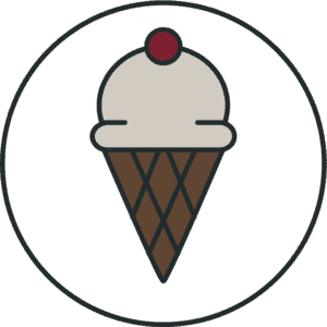 Illustration of an ice cream cone topped with a cherry.