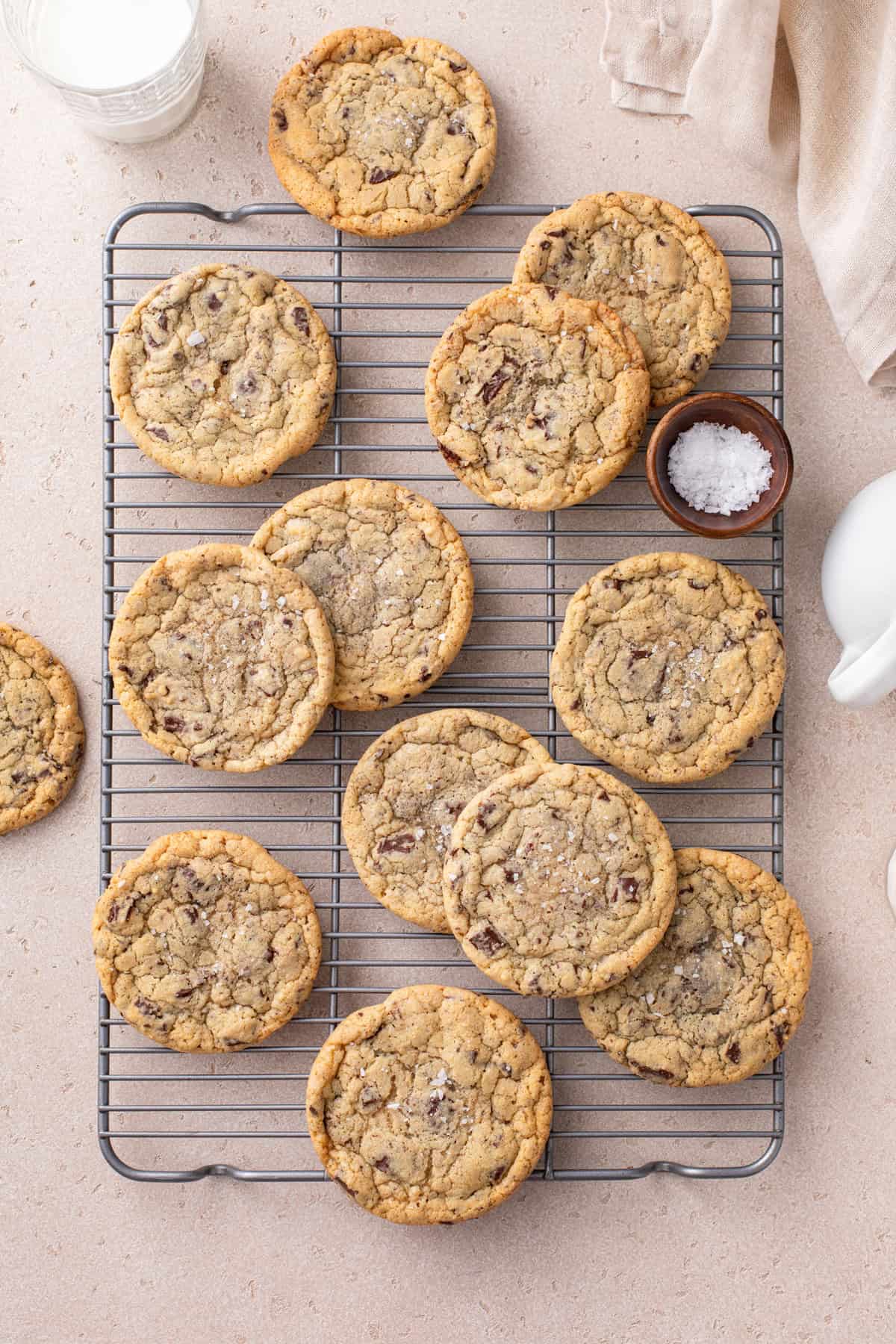 Overhead view of easy chocolate chip cookies cooling on a wire rack.