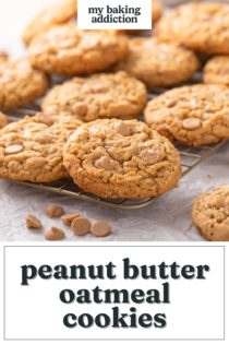 Peanut butter oatmeal cookies arranged on a wire rack. Text overlay includes recipe name.