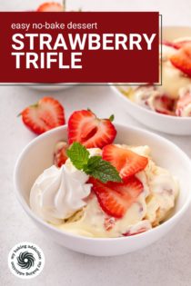 Serving of strawberry trifle in a white bowl. Text overlay includes recipe name.