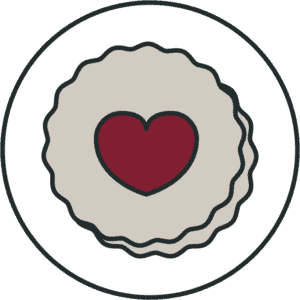 Illustration of a linzer cookie with a red heart center.