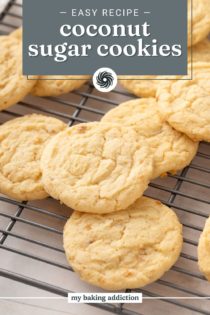 Coconut sugar cookies arranged on a wire cooling rack. Text overlay includes recipe name.