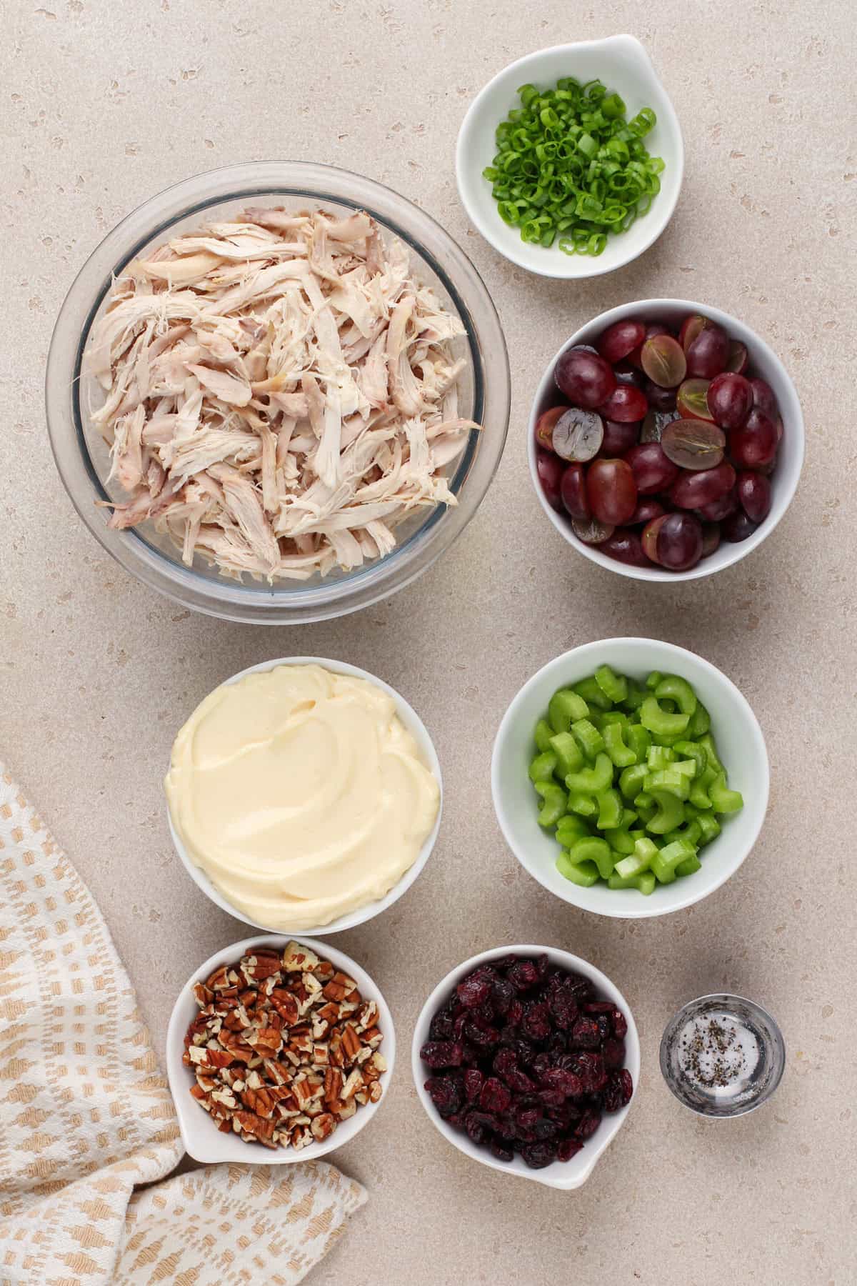 Cranberry chicken salad ingredients arranged on a countertop.