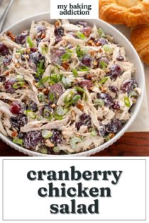 White serving bowl filled with cranberry chicken salad. Text overlay includes recipe name.