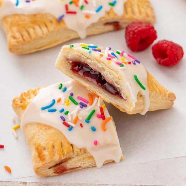 Halved homemade pop tart on a countertop.