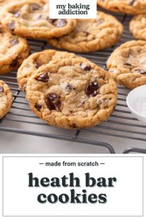 Heath bar cookies cooling on a wire rack. Text overlay includes recipe name.