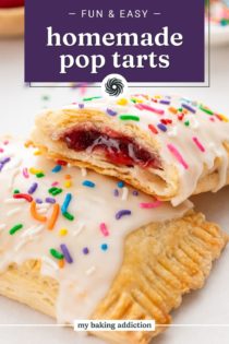 Frosted homemade pop tarts next to a glass of milk. Text overlay includes recipe name.