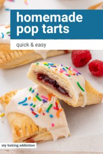 Homemade pop tart cut in half to show the raspberry jam filling. Text overlay includes recipe name.