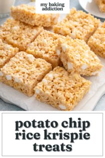 Sliced potato chip rice krispie treats on a piece of parchment paper on a platter. Text overlay includes recipe name.