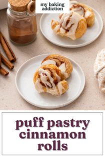 Two white plates of puff pastry cinnamon rolls on a countertop. Text overlay includes recipe name.