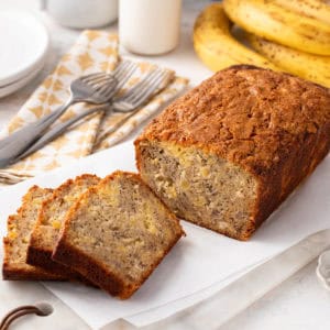 Sliced loaf of pineapple banana bread.