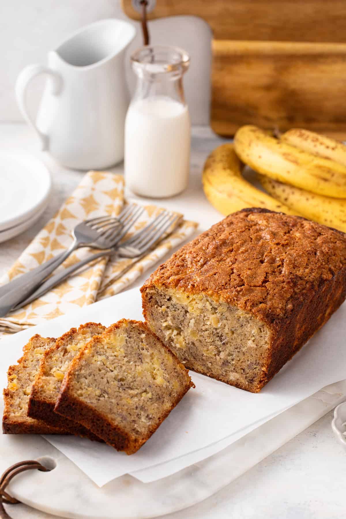 Sliced loaf of pineapple banana bread.