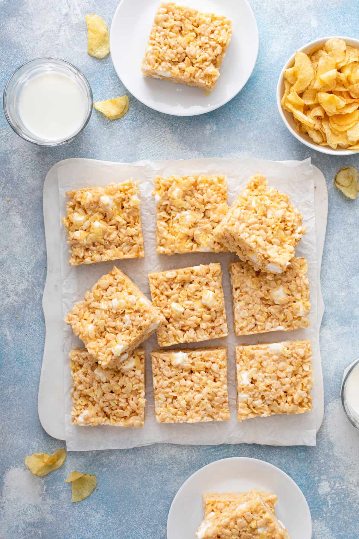 Overhead view of sliced potato chip rice krispie treats.