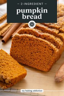 Close up of sliced 2-ingredient pumpkin bread on a piece of parchment. Text overlay includes recipe name.