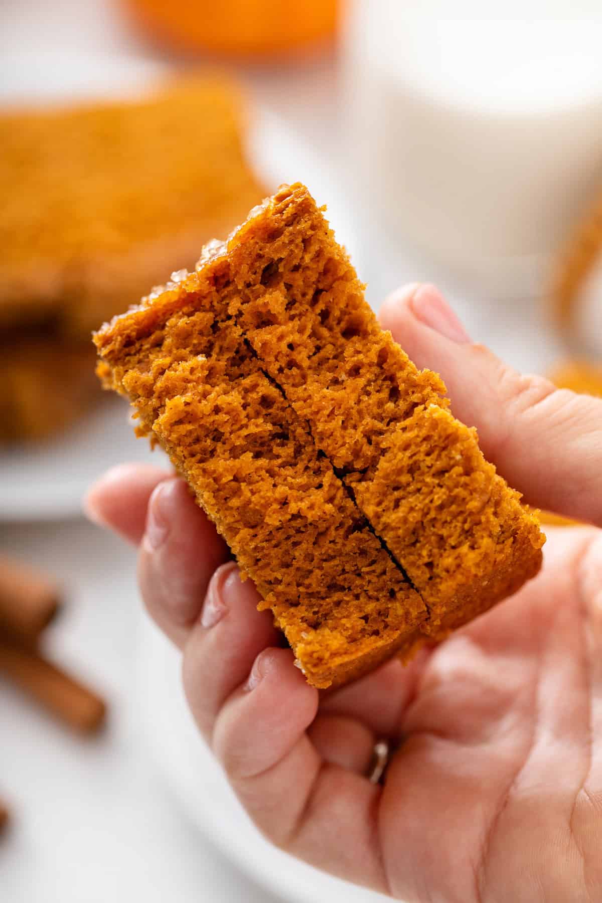 Hand holding a piece of pumpkin bread broken in half.