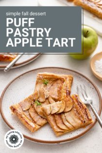 Three slices of puff pastry apple tart next to a fork on a plate. Text overlay includes recipe name.