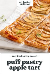 Sliced puff pastry apple tart on a marble board. Text overlay includes recipe name.