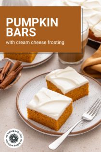 Two plates of pumpkin bars next to an iced coffee. Text overlay includes recipe name.