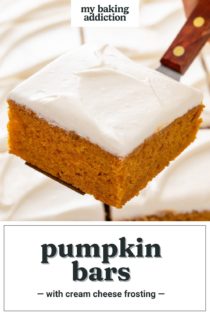 Spatula holding up a pumpkin bar with cream cheese frosting. Text overlay includes recipe name.