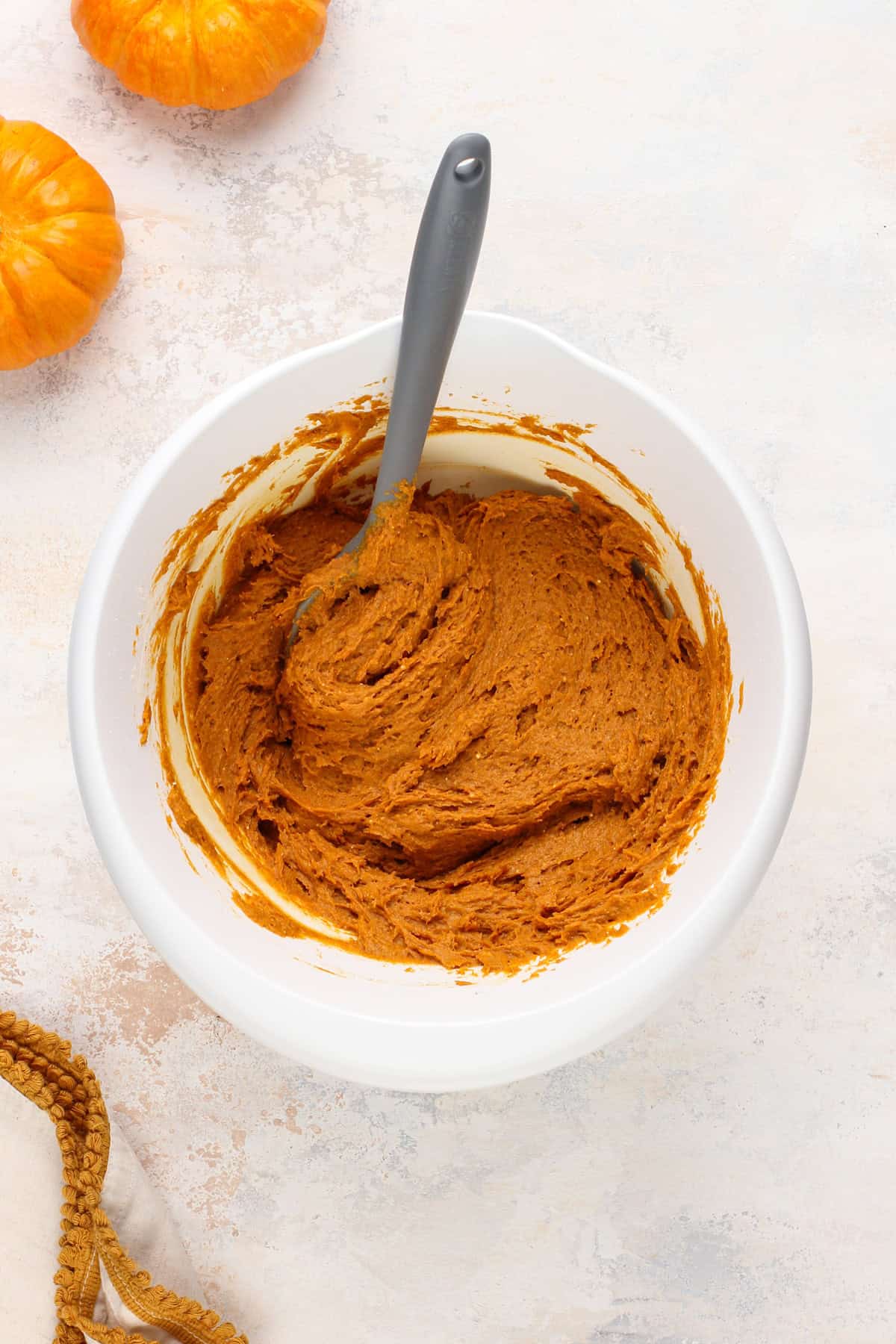 2-ingredient pumpkin bread batter in a white bowl.