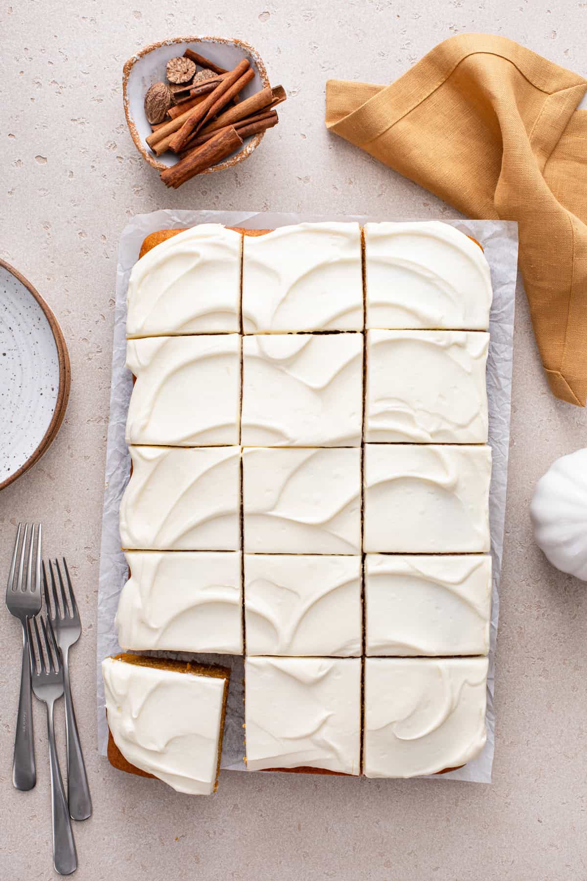 Overhead view of sliced pumpkin bars.