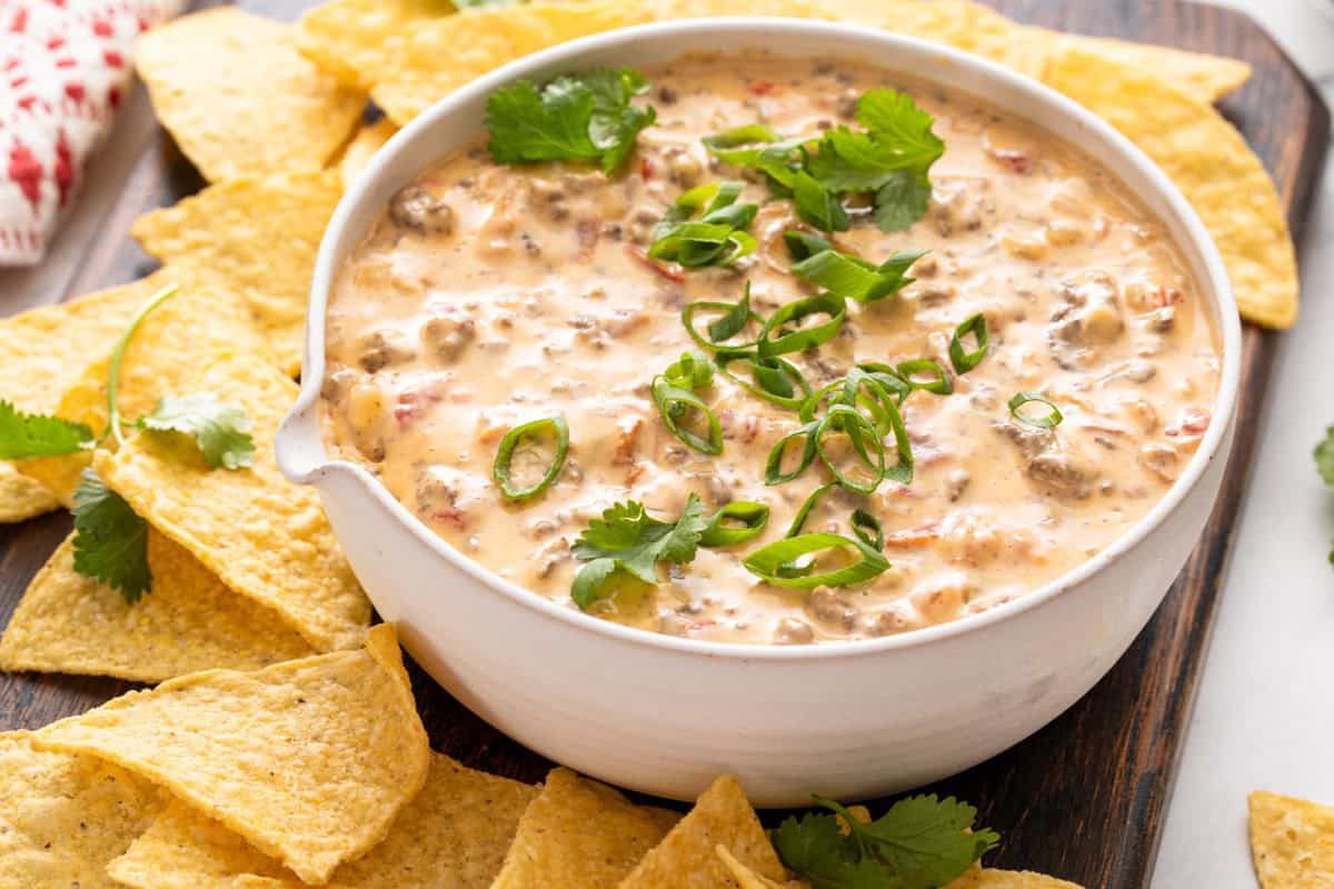 Rotel dip in a white bowl, surrounded by tortilla chips.