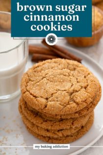 Brown sugar cookies stacked next to a glass of milk on a white plate. The overlay text includes the name of the recipe.