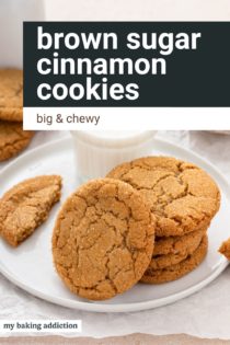 Brown sugar cinnamon cookies on a white plate next to a glass of milk. Text overlay includes recipe name.