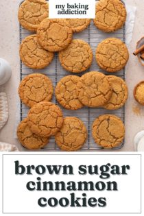 Overhead view of cinnamon and brown sugar cookies cooling on a rack. The overlay text includes the name of the recipe.