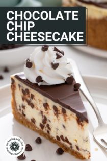 Slice of chocolate chip cheesecake garnished with whipped cream on a white plate. Text overlay includes recipe name.