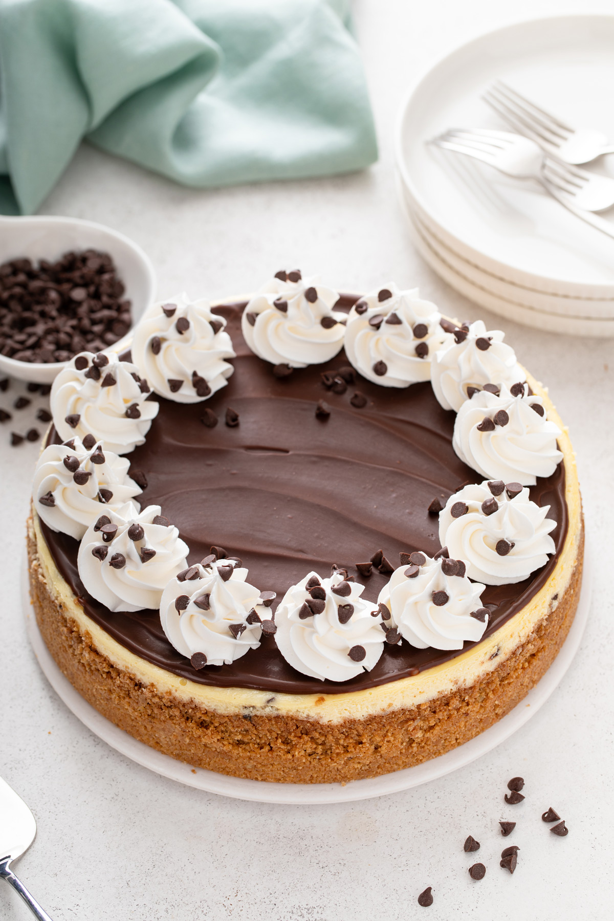 Chocolate chip cheesecake topped with chocolate ganache and whipped cream.