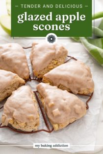 Glazed apple scones cooling on a rack. The overlay text includes the name of the recipe.