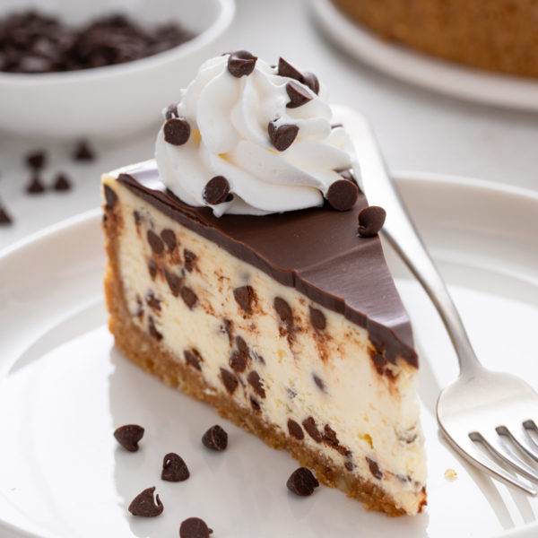 Slice of chocolate chip cheesecake on a white plate.