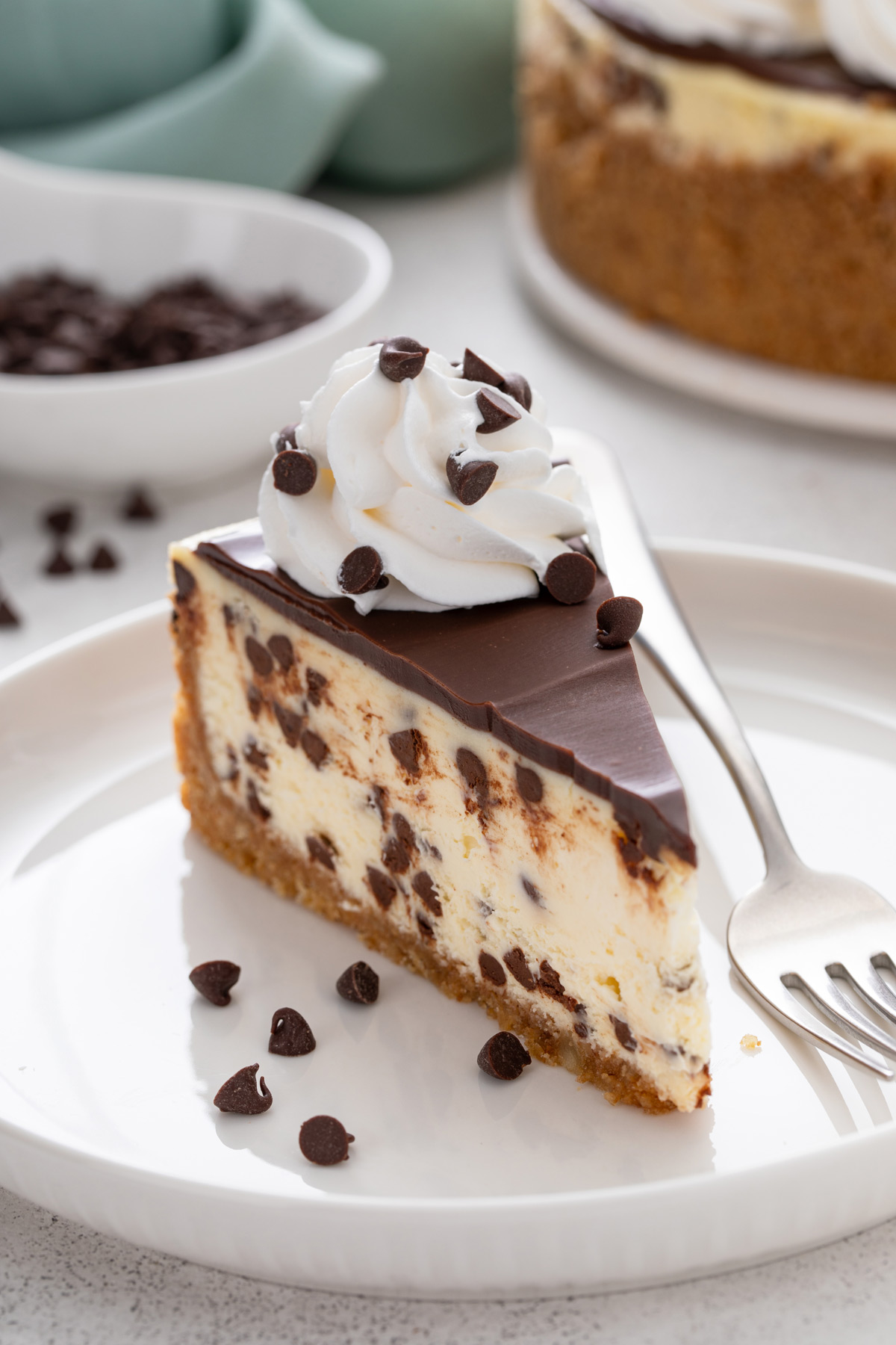 Slice of chocolate chip cheesecake garnished with whipped cream on a white plate.