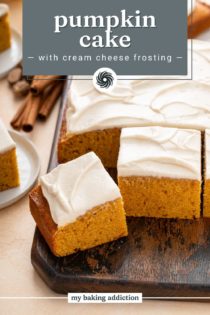 Slices of pumpkin sheet cake on a serving board. Text overlay includes recipe name.